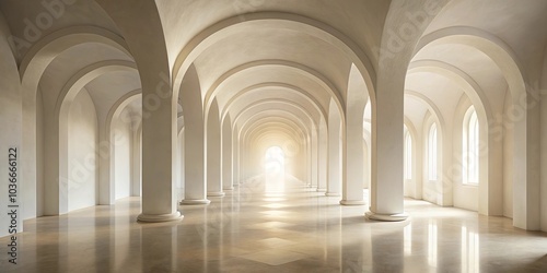 A symmetrical corridor of arches and pillars, a luminous pathway towards the unknown, the light at the end of the tunnel