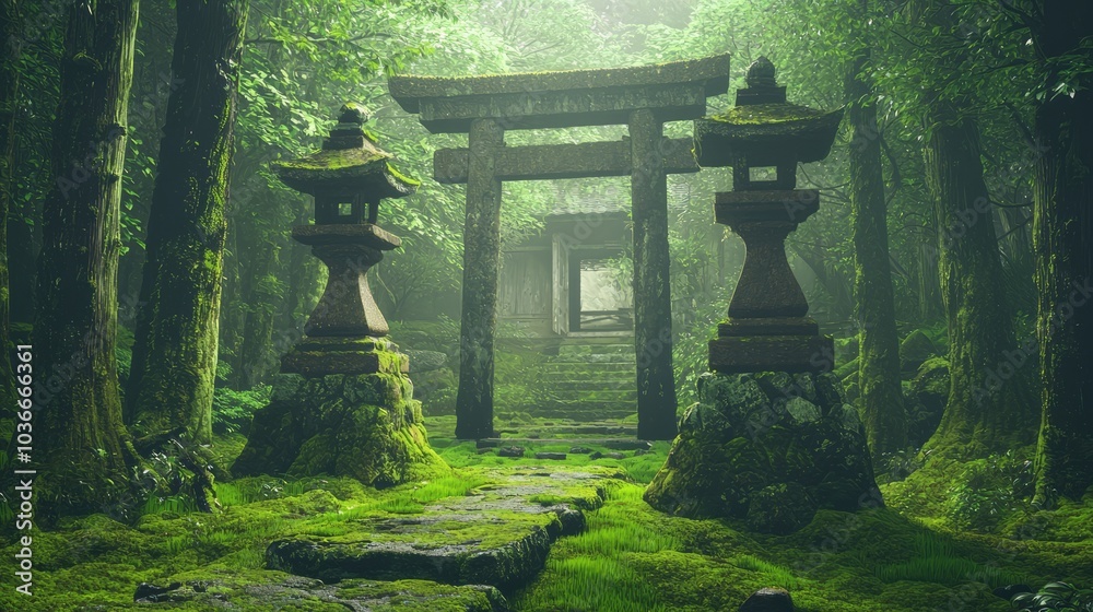 Serene Ancient Shrine in Mossy Forest - Detailed Medieval Japanese Landscape Photo Serene Ancient Shrine in Mossy Forest - Detailed Medieval Japanese Landscape Photo