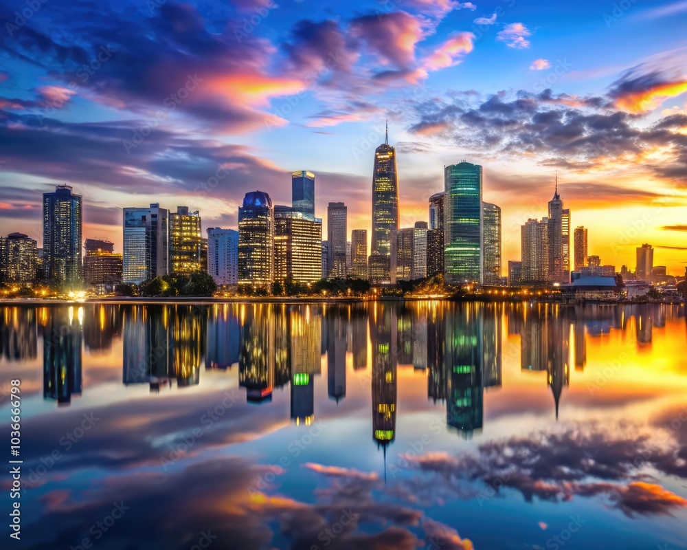 Fototapeta premium A city skyline at dusk with reflective water