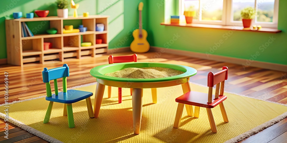 Brightly colored plastic table and chairs in a sunny playroom with a sand pit, placed on a wooden floor, all depicted through tilt-shift photography. Brightly colored plastic table and chairs in a sunny playroom with a sand pit, placed on a wooden floor, all depicted through tilt-shift photography.