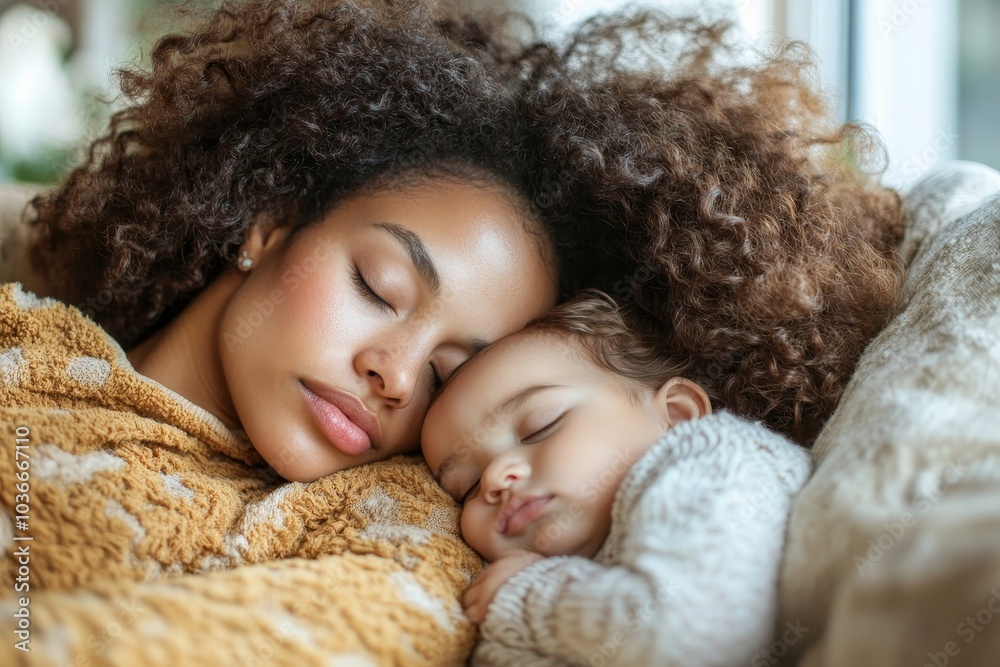 Mother sleeping on a couch with her baby on her, Generative AI Mother sleeping on a couch with her baby on her, Generative AI