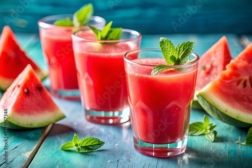 Bright summer drink featuring fresh watermelon juice and smoothie in glasses, complemented by succulent watermelon pieces, all beautifully presented against a cool blue backdrop.