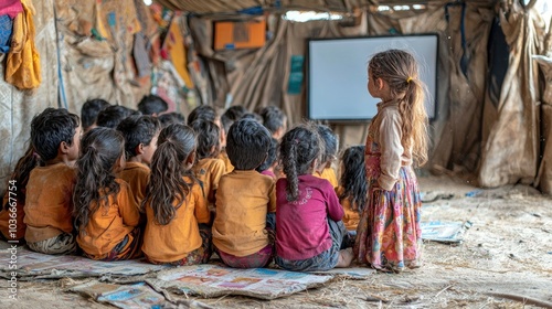 A group of children are sitting on the floor in a makeshift classroom, watching a presentation on a whiteboard.