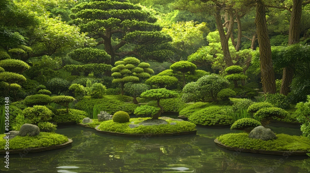 Serene Medieval Japanese Garden with Bonsai Trees and Stone Sculptures by Tranquil Pond - Ultra-Detailed Landscape Photography Serene Medieval Japanese Garden with Bonsai Trees and Stone Sculptures by Tranquil Pond - Ultra-Detailed Landscape Photography
