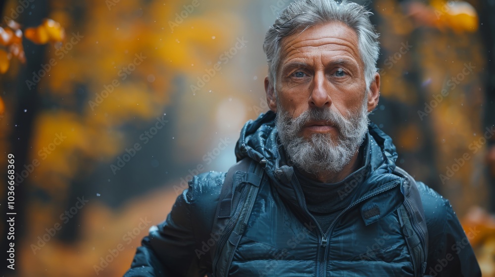 Man with gray beard stands in forest wearing jacket and backpack. Concept of nature exploration and solitude. For travel photo... Man with gray beard stands in forest wearing jacket and backpack. Concept of nature exploration and solitude. For travel photo...