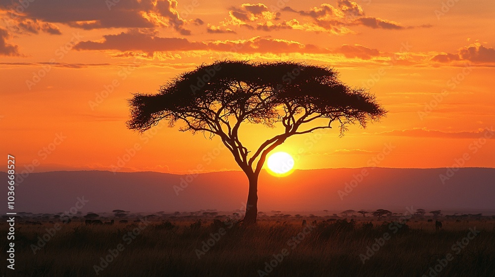 Sunset casting a warm glow over the Amboseli landscape, with a lone acacia tree standing tall
