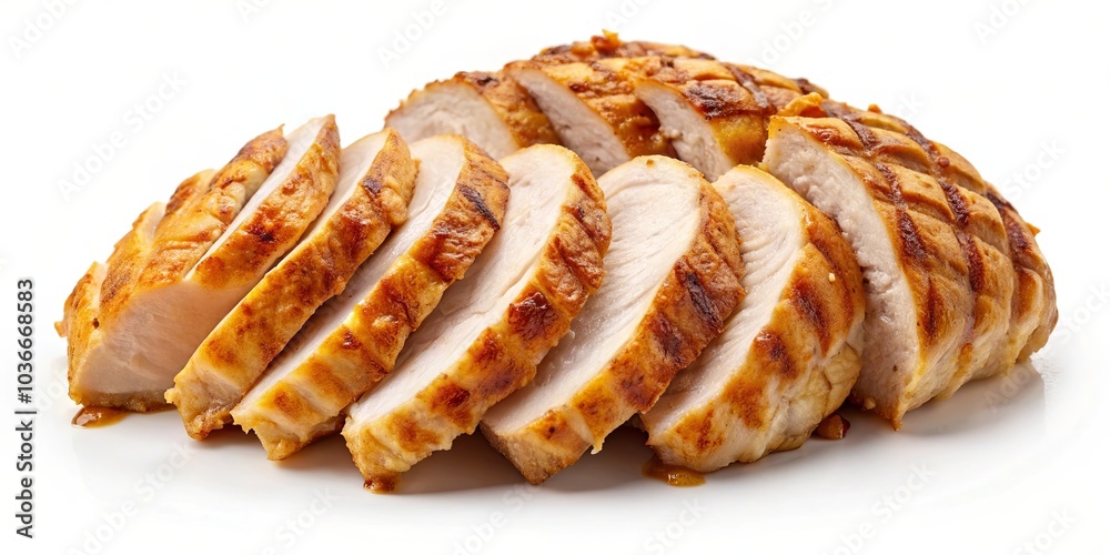 Perfectly Sliced Grilled Chicken Breast, Featuring Crispy Brown Edges and Tender White Meat, Ready to Serve Perfectly Sliced Grilled Chicken Breast, Featuring Crispy Brown Edges and Tender White Meat, Ready to Serve