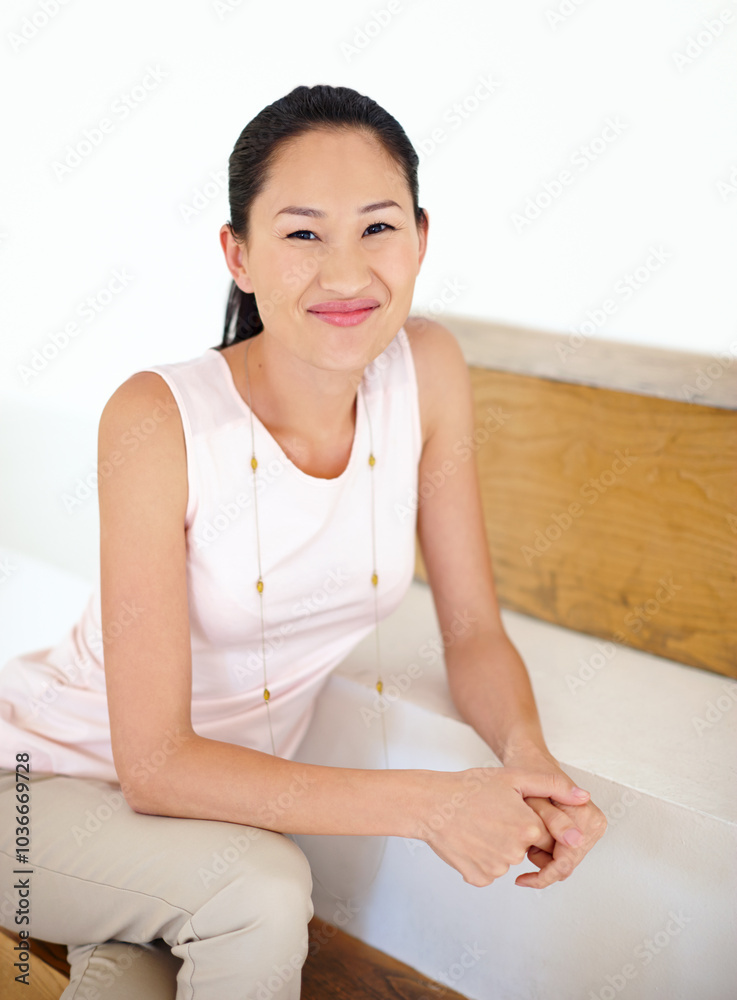 Smile, woman and relax with portrait on stairs of casual clothes, calm morning and peace of weekend break. Happy, girl and resting with pride, remote work and designer of opportunity at house steps Smile, woman and relax with portrait on stairs of casual clothes, calm morning and peace of weekend break. Happy, girl and resting with pride, remote work and designer of opportunity at house steps