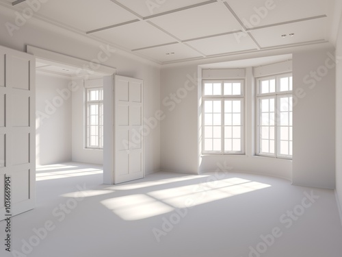 Interior of an empty luxury apartment. Classic European interior. White view. Clay 3D rendering.