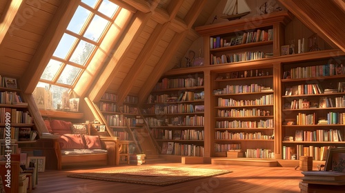 Cozy Attic Library with Wooden Shelves and Natural Light