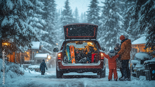 Family preparing a wintersport trip, packing Luggage into a car, back view of the car. photo