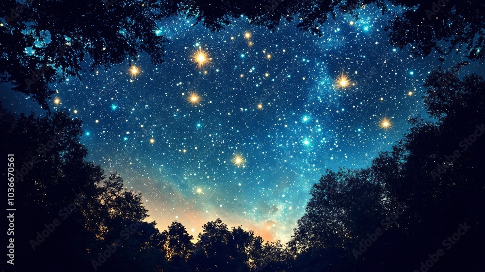 Silhouette of trees against a night sky filled with stars. Silhouette of trees against a night sky filled with stars.