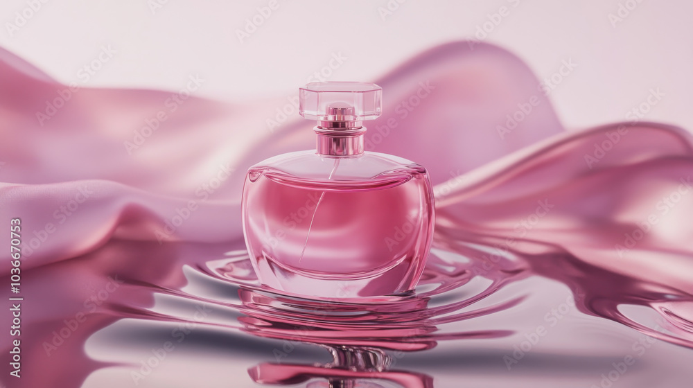 A delicate pink perfume bottle surrounded by gentle ripples against a soft silky backdrop at dawn A delicate pink perfume bottle surrounded by gentle ripples against a soft silky backdrop at dawn
