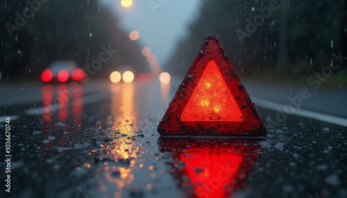 A reflective red warning triangle placed on a wet road during nighttime, with car lights in the background.