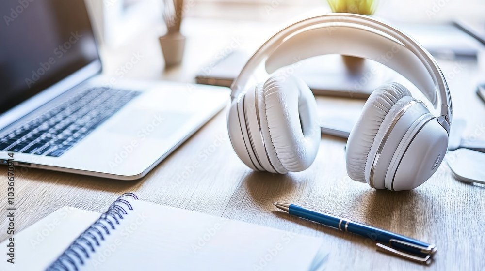 Modern Workspace with Headphones and Laptop Modern Workspace with Headphones and Laptop