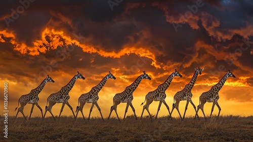 Giraffes walking in a line against the backdrop of a dramatic sky filled with storm clouds photo