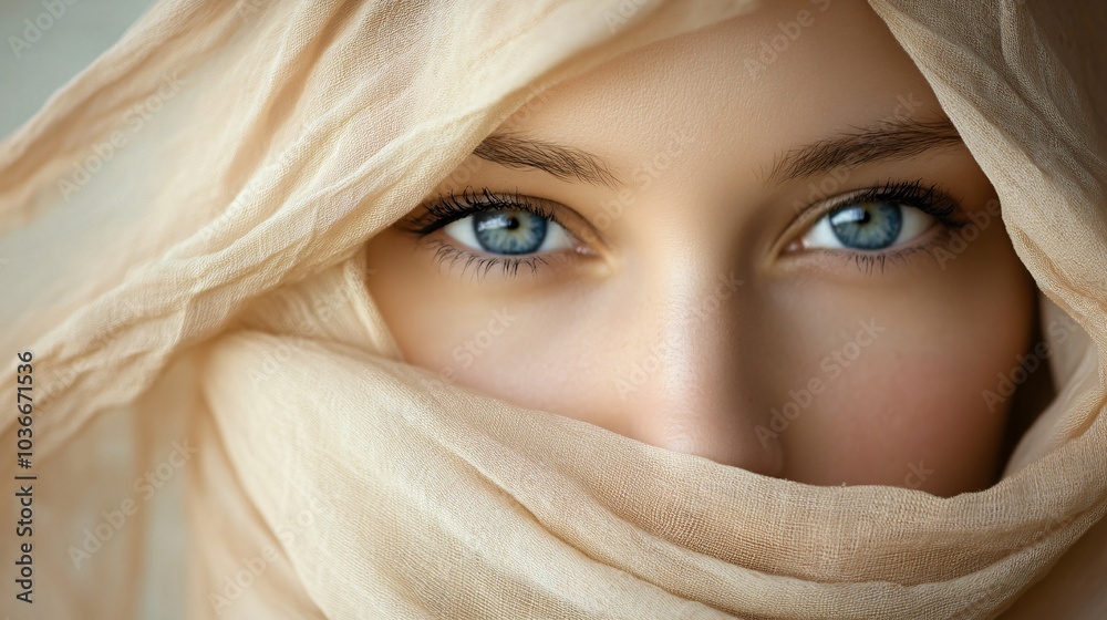 Close-Up of Woman with Beautiful Blue Eyes and Scarf Close-Up of Woman with Beautiful Blue Eyes and Scarf