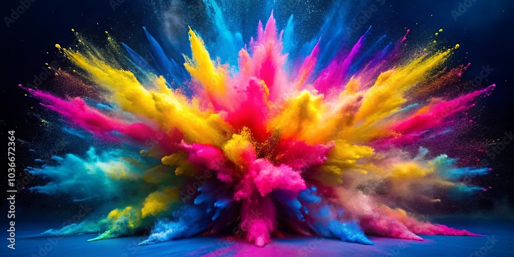 An explosion of vibrant colors, a symphony of blue, yellow, and pink hues erupting with dynamic energy against a dark backdrop. An explosion of vibrant colors, a symphony of blue, yellow, and pink hues erupting with dynamic energy against a dark backdrop.