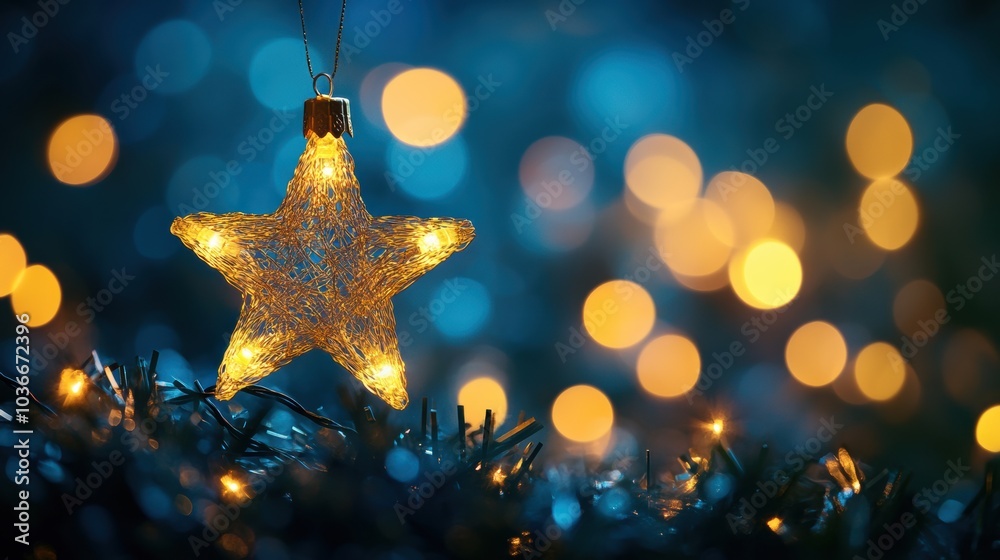 A decorative star shines brightly against a backdrop of abstract Christmas lights, capturing the festive spirit on a winter evening. Generative AI A decorative star shines brightly against a backdrop of abstract Christmas lights, capturing the festive spirit on a winter evening. Generative AI