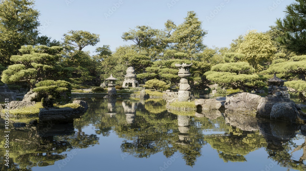 Tranquil Bonsai Garden in Ancient Japanese Landscape with Ornate Stone Sculptures and Reflective Pond, Ultra-Detailed Photography Tranquil Bonsai Garden in Ancient Japanese Landscape with Ornate Stone Sculptures and Reflective Pond, Ultra-Detailed Photography