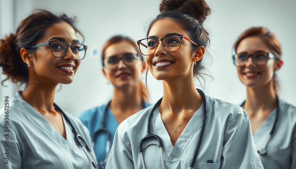 Group of diverse healthcare professionals smiling together in a ...