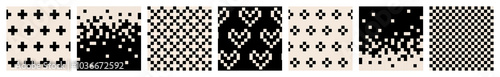 Big set of abstract modern seamless black and white pixel patterns of hearts, transitions, diamonds, checkerboard patterns, flat style