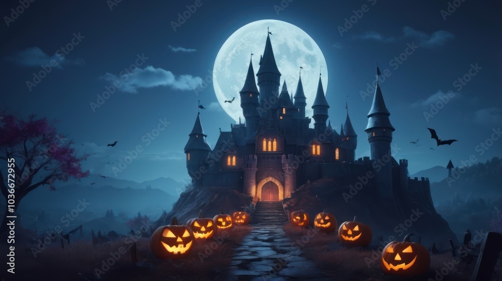 A spooky Halloween castle with glowing pumpkins in front of the gate, lit by the full moon. A spooky Halloween castle with glowing pumpkins in front of the gate, lit by the full moon.
