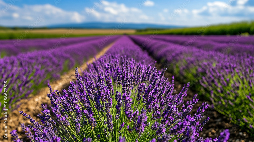 Naklejka premium Campo de lavanda en plena floración bajo un cielo despejado azul