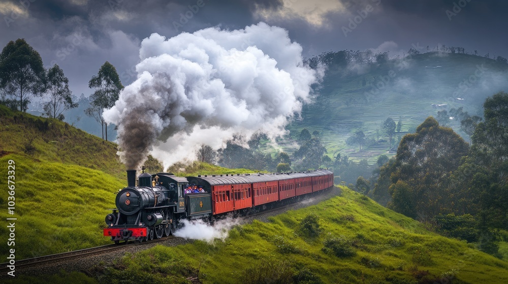 Obraz premium Vintage Train Chugging Through Lush Green Hills