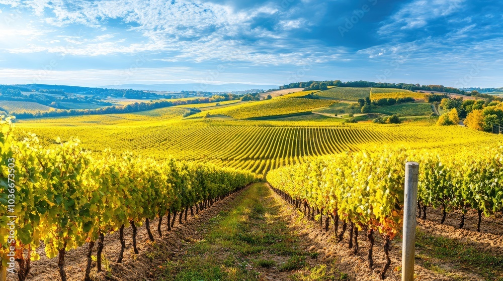 Fototapeta premium Scenic Vineyard Landscape Under Blue Sky