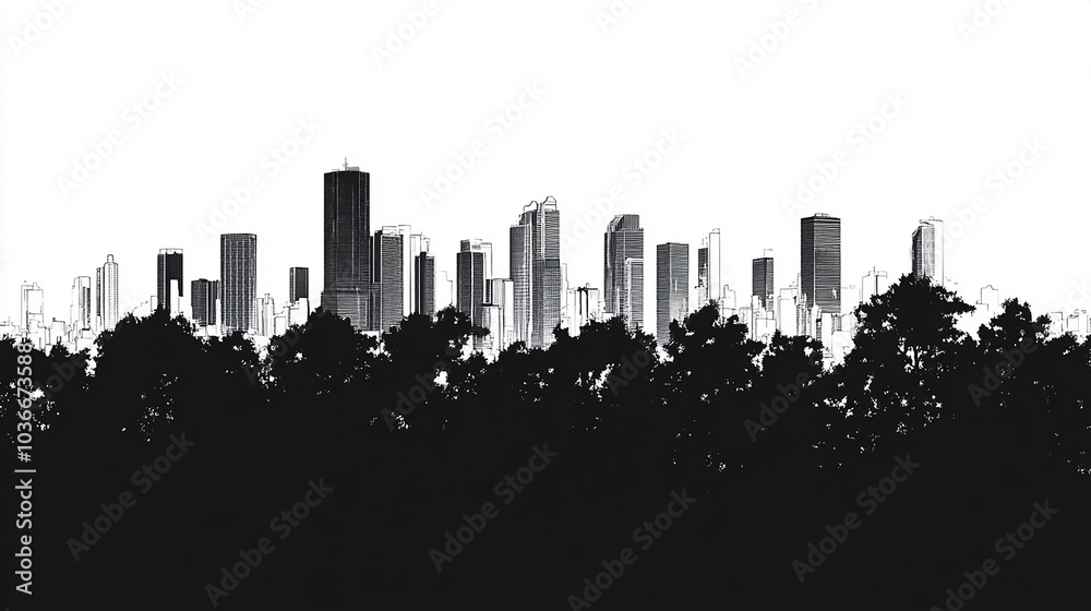 Cityscape of Industrial city black and white silhouette on white background
