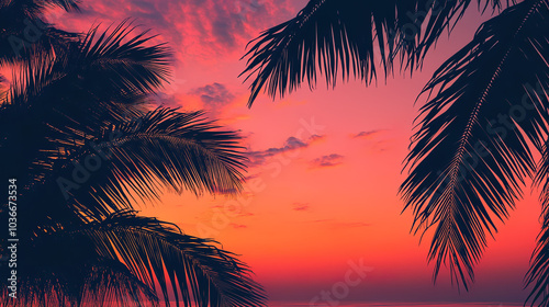 Silueta de palmeras al atardecer con cielo rojizo y nubes suaves