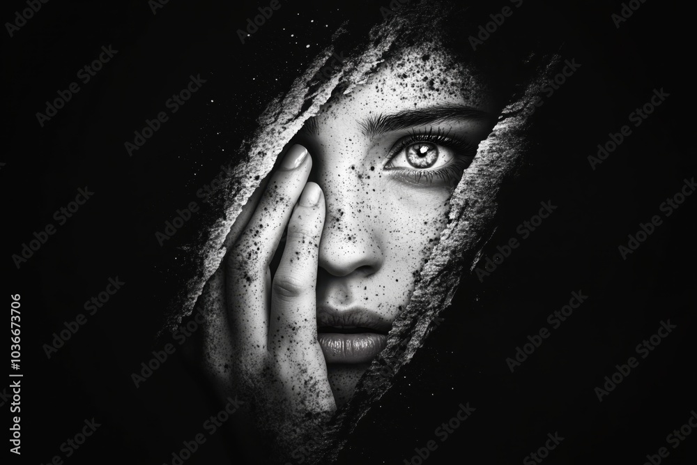 A young woman peers through a cracked wall, revealing emotion and resilience at dusk. Generative AI A young woman peers through a cracked wall, revealing emotion and resilience at dusk. Generative AI