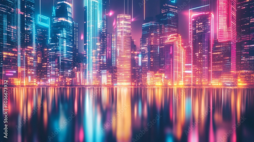 Fototapeta premium Futuristic Cityscape with Neon Lights and Reflection