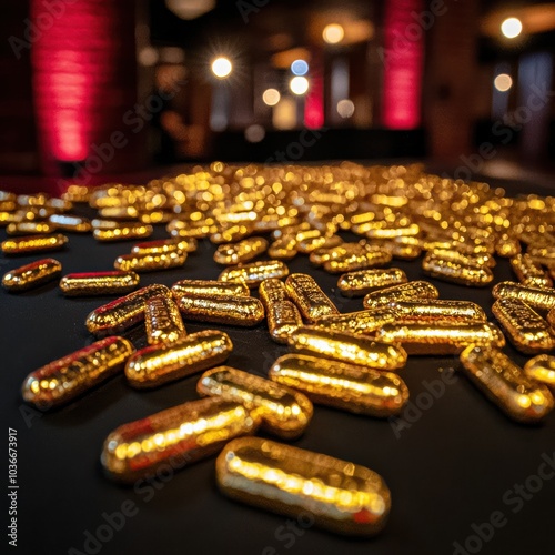 A Glimmering Display of Golden Capsules Spread Across a Luxurious Surface in an Elegant Setting