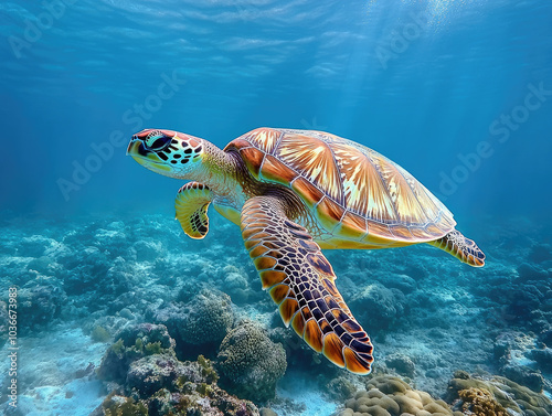 Green Sea Turtle Swimming Against the Current, Framed Beautifully in Its Habitat