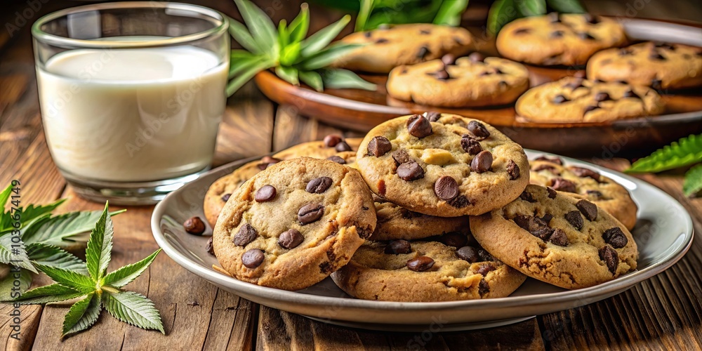 A plate of warm chocolate chip cookies with a glass of milk and green leaves scattered on a wooden table A plate of warm chocolate chip cookies with a glass of milk and green leaves scattered on a wooden table