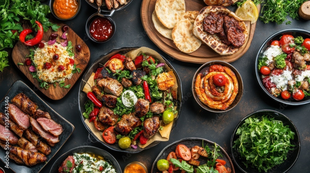 Delicious Mediterranean Feast with Freshly Grilled Meats and Colorful Vegetable Dishes Delicious Mediterranean Feast with Freshly Grilled Meats and Colorful Vegetable Dishes