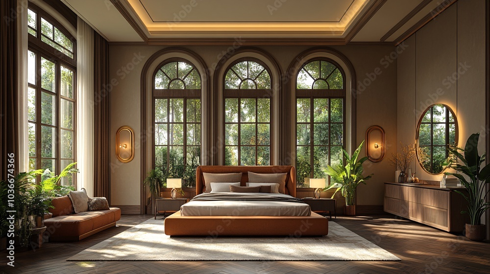 Elegant Bedroom Design with Tall Ceilings and Soft Lighting Elegant Bedroom Design with Tall Ceilings and Soft Lighting