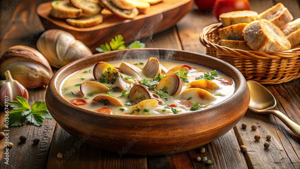 Aromatic Creamy Soup with Steamed Clams and Fresh Herbs, Served in a Rustic Wooden Bowl Aromatic Creamy Soup with Steamed Clams and Fresh Herbs, Served in a Rustic Wooden Bowl