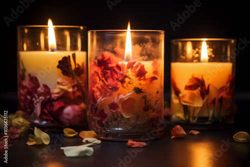 A glossy glass candle jar with a golden lid, surrounded by delicate petals and warm candlelight reflections, set against a dark velvet background.flowers on jar