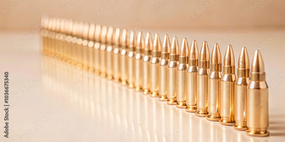 Rifle bullets are arranged in a straight line on a reflective surface.No.005 Rifle bullets are arranged in a straight line on a reflective surface.No.005
