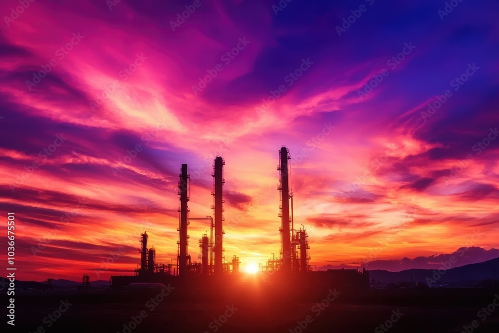 Stunning Sunset Over Industrial Landscape with Silhouetted Structures and Vibrant Colors Stunning Sunset Over Industrial Landscape with Silhouetted Structures and Vibrant Colors