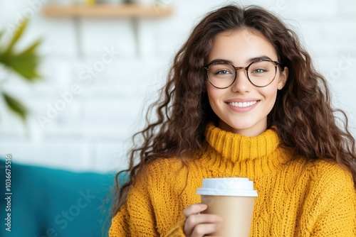 Cozy autumn afternoon with a smiling woman in a warm sweater holding coffee. Generative AI