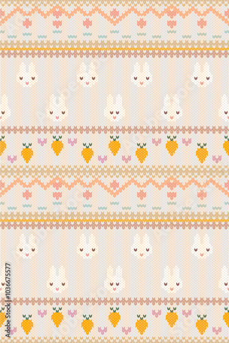 Cute bunny knitted embroidery seamless pattern. Perfect knitwear design for fabric, clothing, sweater, textile, texture, ornament, cross stitch, crochet, element, printing, illustration, background 