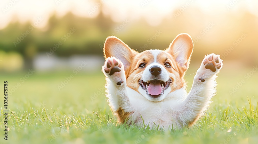 Happy corgi puppy playing in a sunny green field with its paws up. Happy corgi puppy playing in a sunny green field with its paws up.