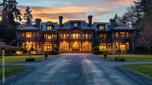 Elegant mansion with a long driveway and classic architecture, twilight setting