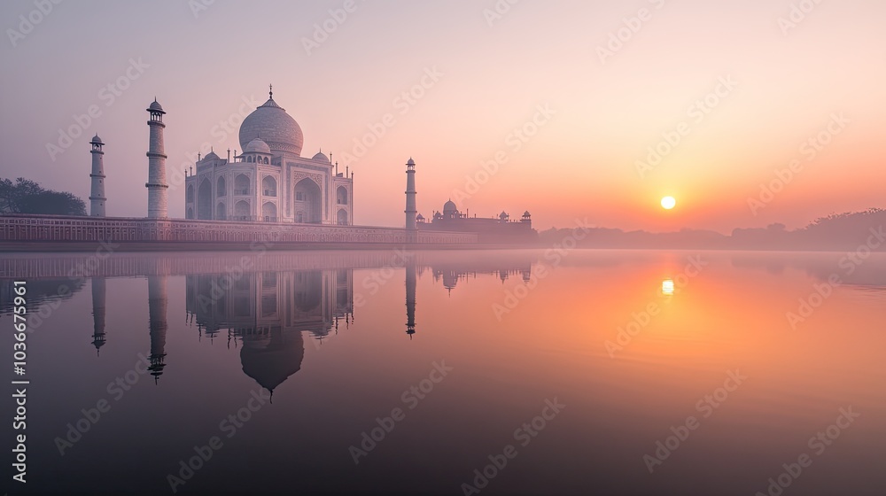 Fototapeta premium Serene Sunrise at the Taj Mahal Reflection