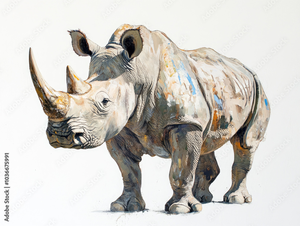 Fototapeta premium Majestic Rhino Standing Proudly, Showcasing Its Impressive Horn and Armor