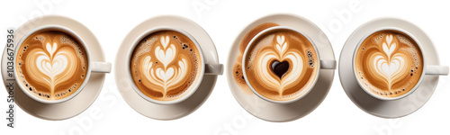 A series of 4 coffee cups isolated on a transparent background, top view photo